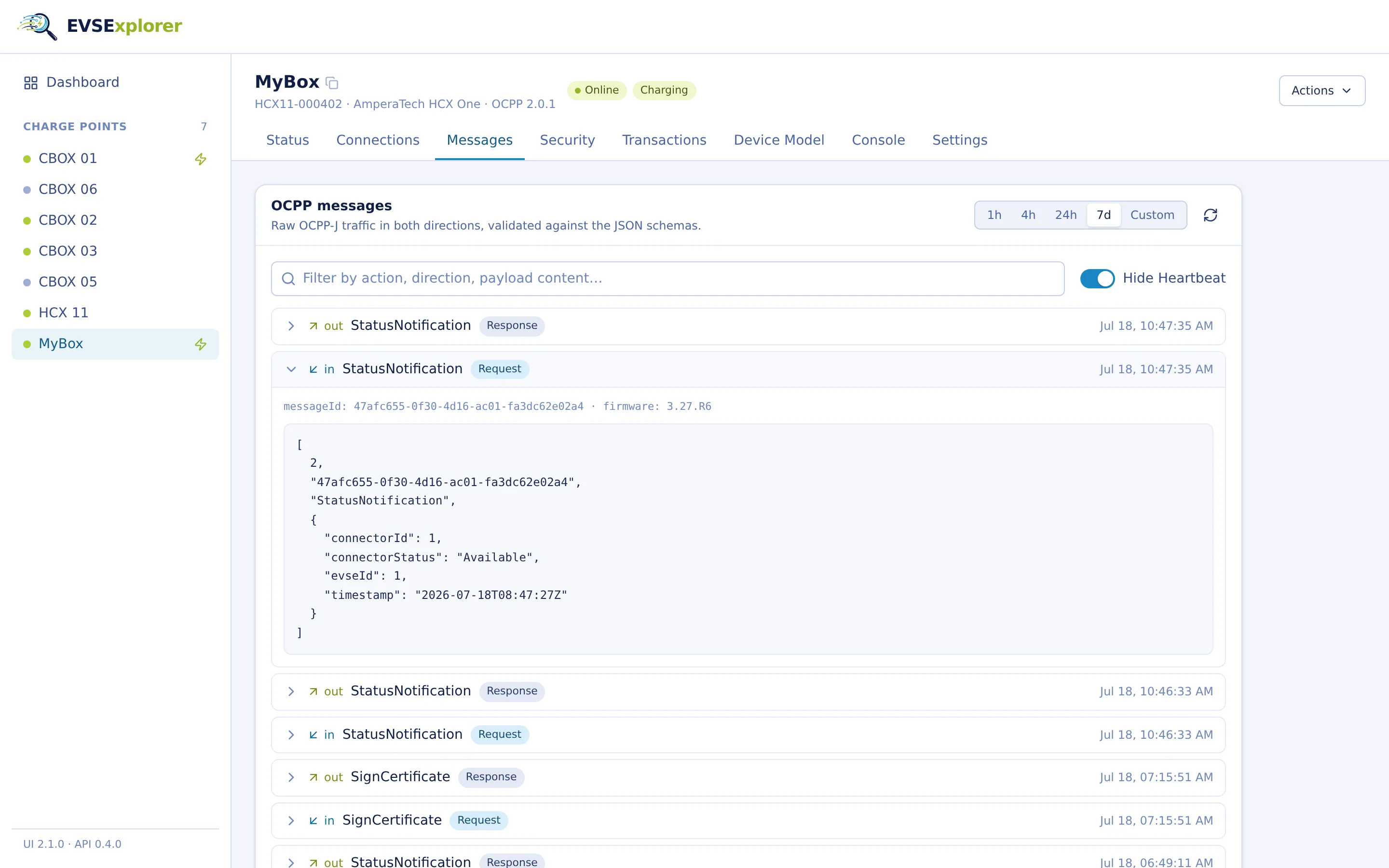 OCPP message log with an expanded StatusNotification request showing its raw JSON payload